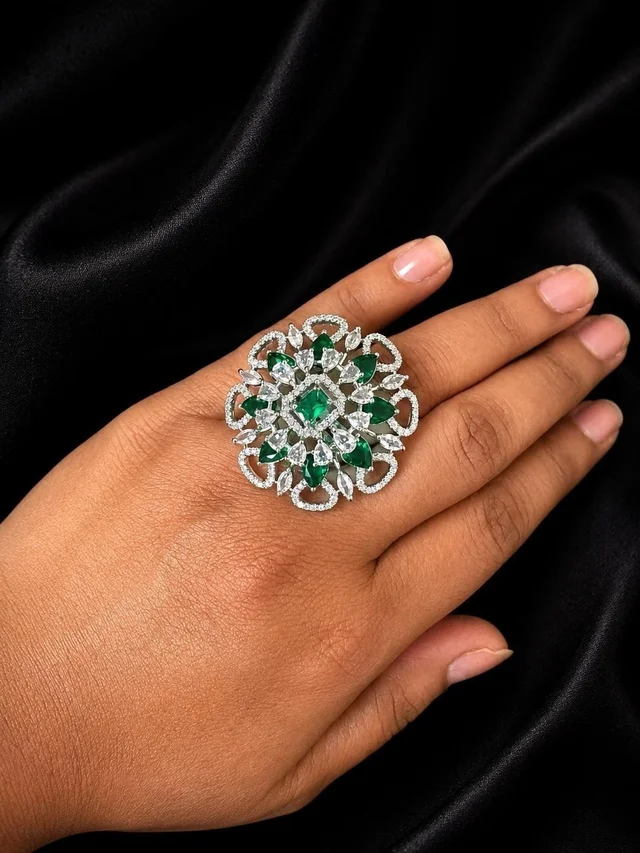 AMERICAN DIAMOND FINGER RING - Adjustable, Green
