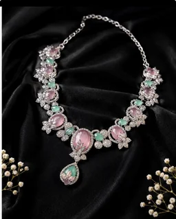 LUXURY FLORAL AMERICAN DIAMOND NECKLACE SET - Adjustable, Multicolour