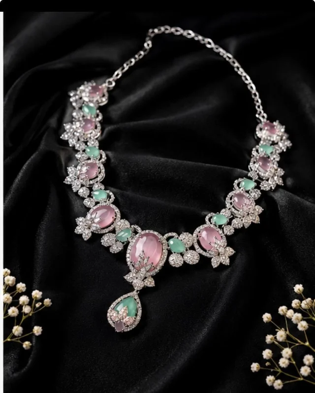 LUXURY FLORAL AMERICAN DIAMOND NECKLACE SET - Adjustable, Multicolour