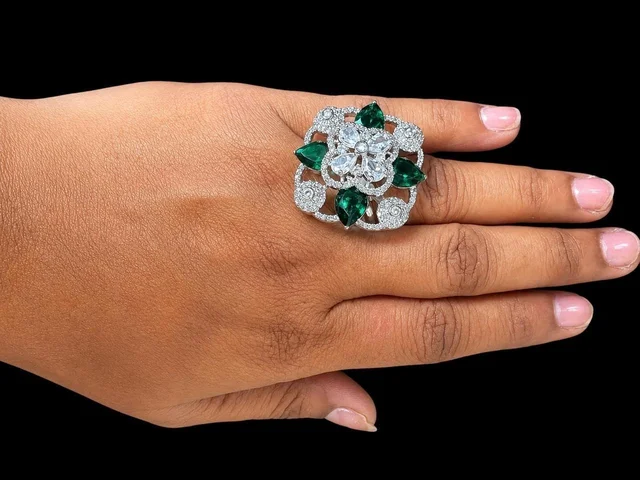 AMERICAN DIAMOND FINGER RING - Adjustable, Green