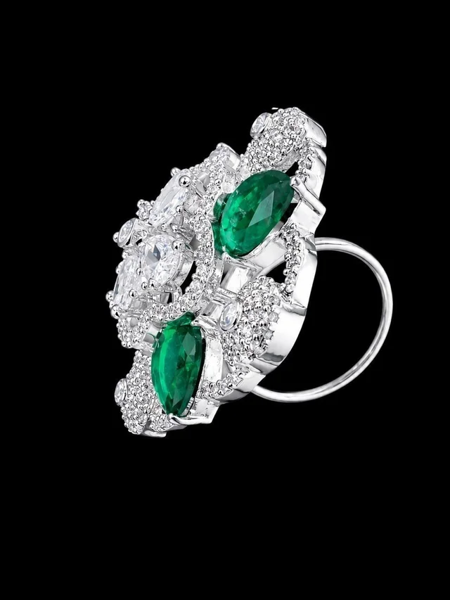 AMERICAN DIAMOND FINGER RING - Adjustable, Green