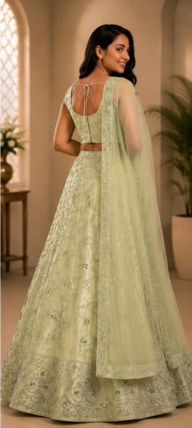 DESIGNER FLORAL LEHENGA - Free Size, Pastel Pistachio Green