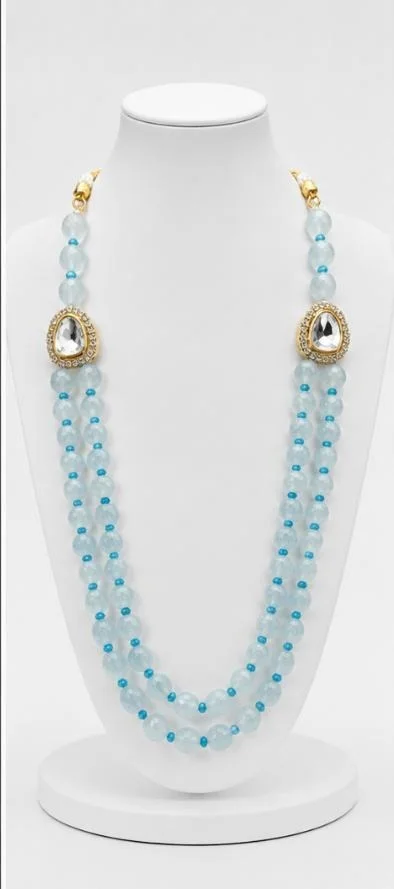 PREMIUM-SEMI PRECIOUS QUARTZ STONE BEADS HARAM - Adjustable, Aqua Blue