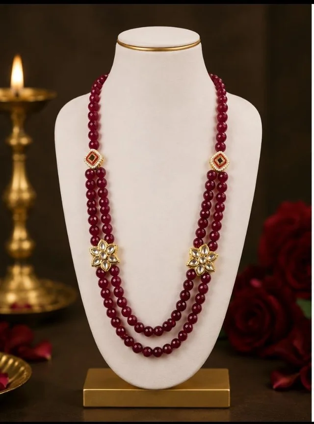 SEMI PRECIOUS QUARTZ STONE LONG HARAM WITH KUNDAN CONNECTORS - Adjustable, Red