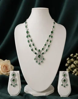EMERALD ELEGANCE DUAL LAYER AMERICAN DIAMOND NECKLACE SET - Adjustable, Emerald-Green
