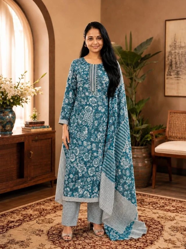 ELEGANT TEAL FLORAL PRINTED KURTA SET WITH DUPATTA