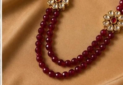 PREMIUM-SEMI PRECIOUS QUARTZ STONE BEADS HARAM - Adjustable, Ruby-Red