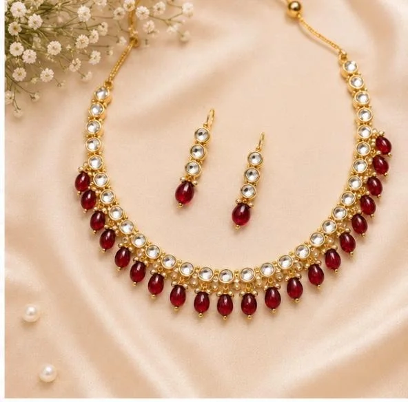 ELEGANT KUNDAN NECKLACE SET - Adjustable, Red