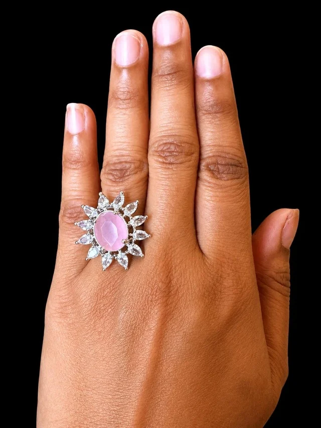 FLORAL AMERICAN DIAMOND FINGER RING - Adjustable, Light pink