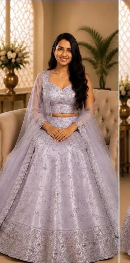 DESIGNER FLORAL LEHENGA - Free Size, Silver Grey