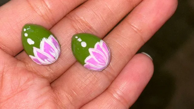 Olive Green ,  Lotus  Painted Earring