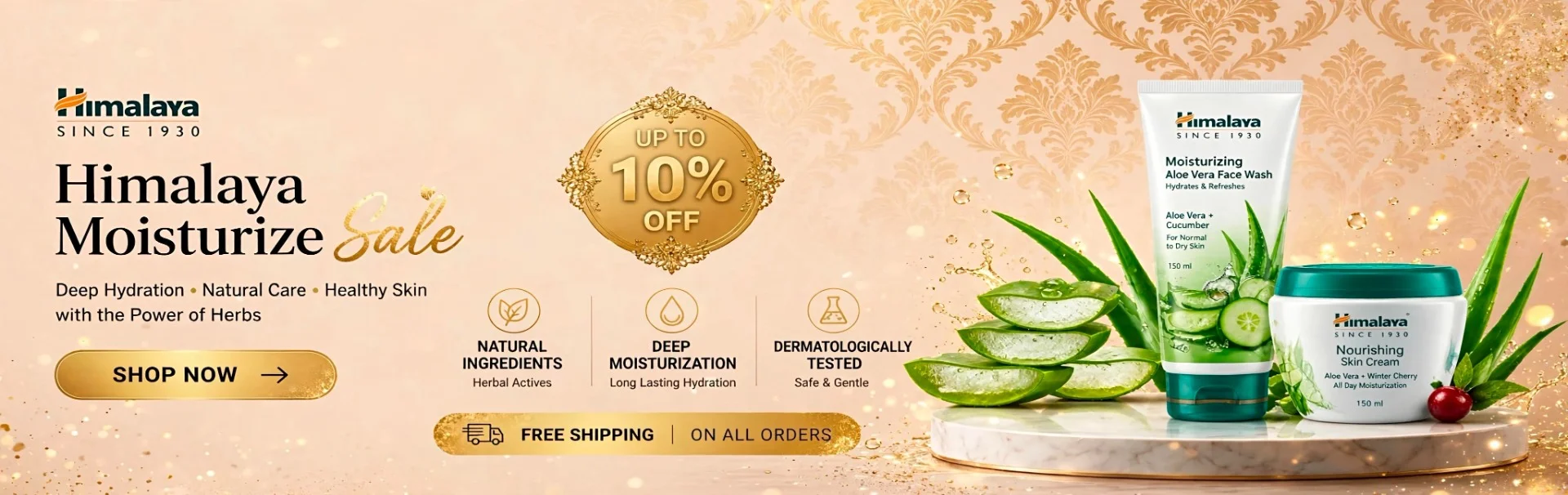 Himalaya Nourishing Skin Cream sale banner with up to 10% off offer featuring aloe vera and winter cherry moisturizing cream for soft and healthy skin.