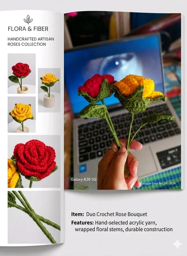2 piece: Handcrafted Artisan Roses Collection Duo crochet Rose Set Of 2