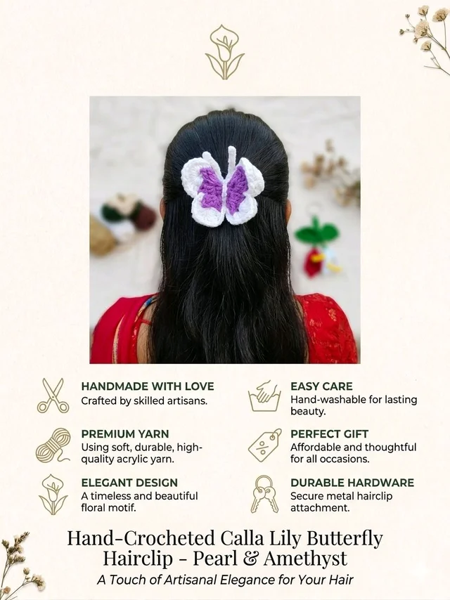 Hand-Crocheted Calla Lily Butterfly Hairclip - Pearl And Amethyst