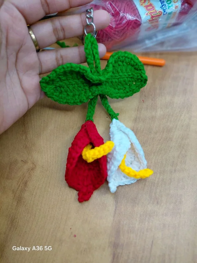 Hand-Crocheted Double Flowers Keychain