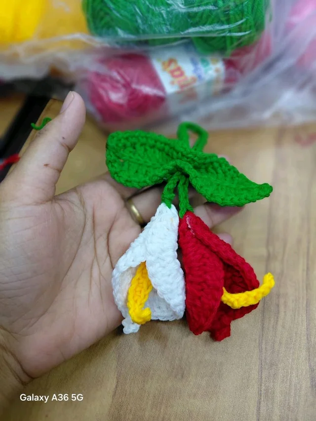 Hand-Crocheted Double Flowers Keychain