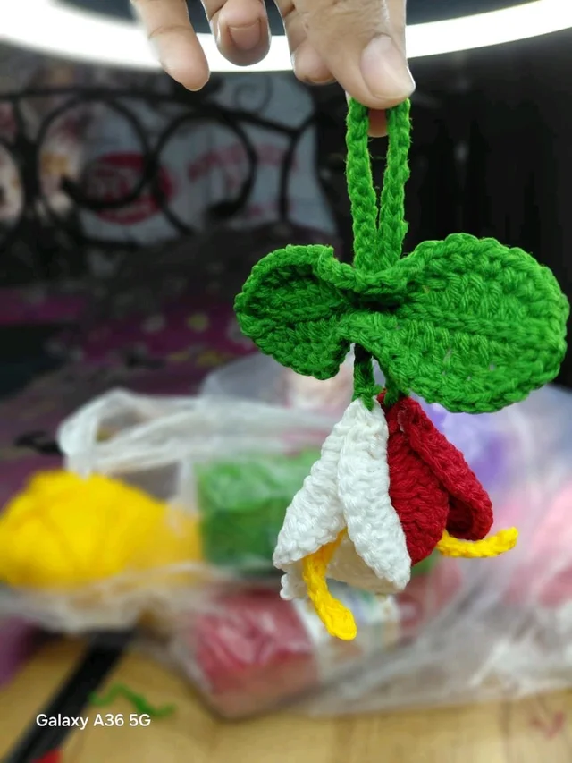 Hand-Crocheted Double Flowers Keychain