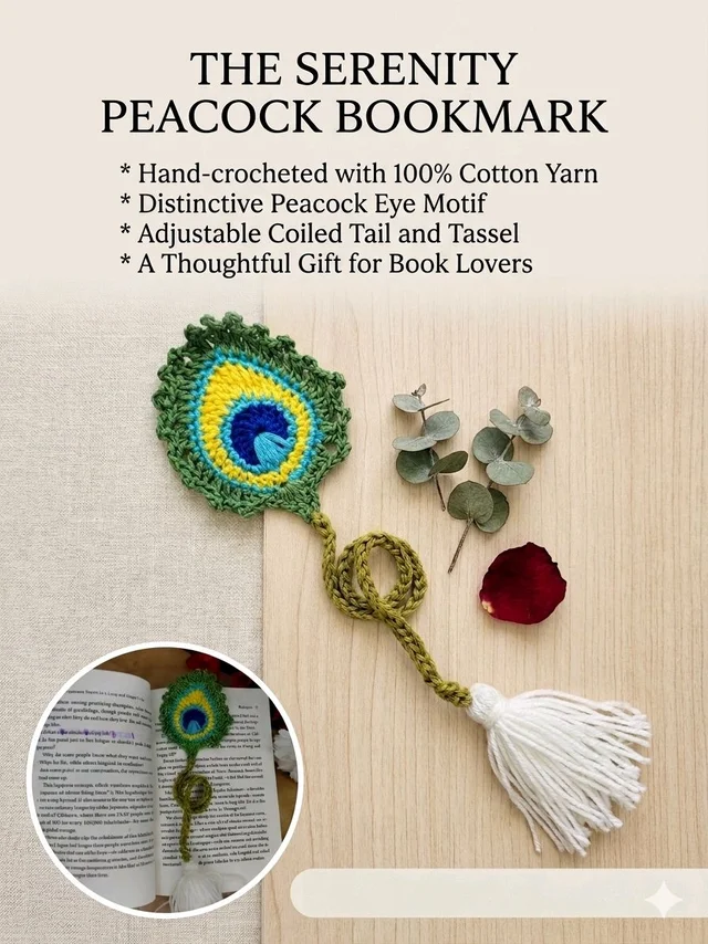 Hand-Crocheted Peacock Feather Bookmark