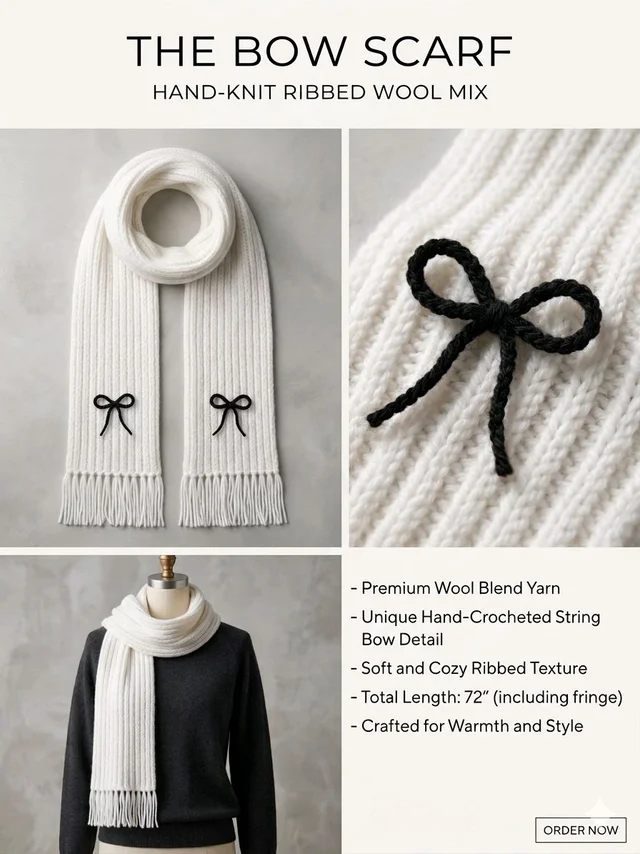 Hang-Crocheted Ribbed Woolen Bow Scraff - White
