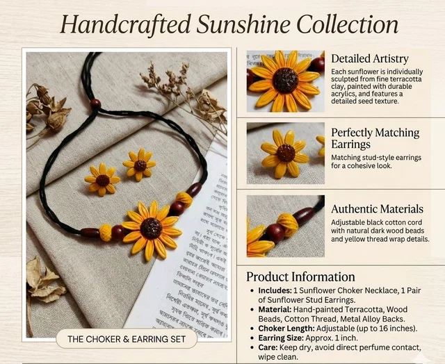 Handmade Sunflower Pendant Necklace And Earrings Set 1