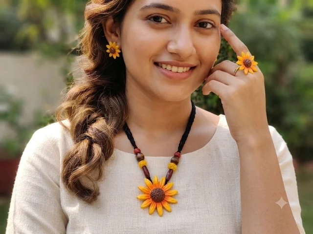 Handmade Sunflower Necklace And Earrings Set 1