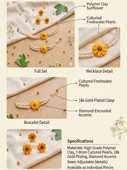 Handmade Polymer Clay Sunflower Pearl Necklace And Earrings Set 1