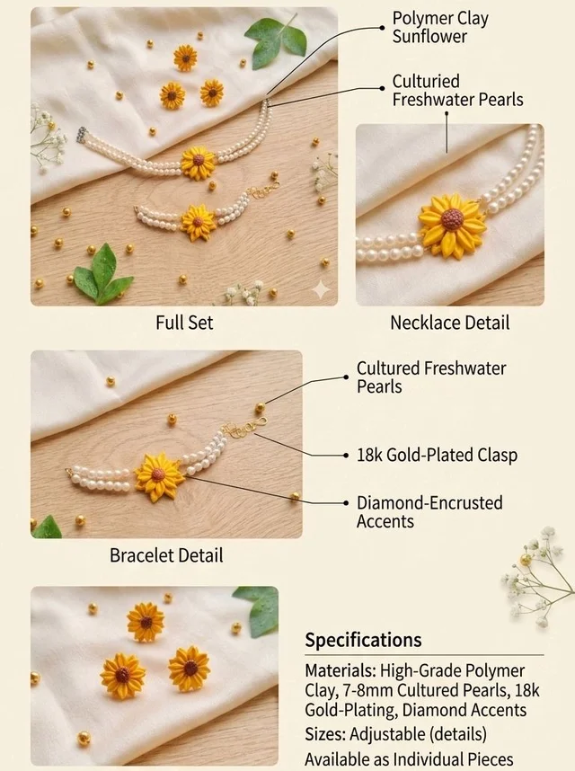 Handmade Polymer Clay Sunflower Pearl Necklace And Earrings Set 1