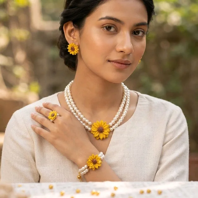Handmade Polymer Clay Sunflower Pearl Necklace And Earrings Set 1