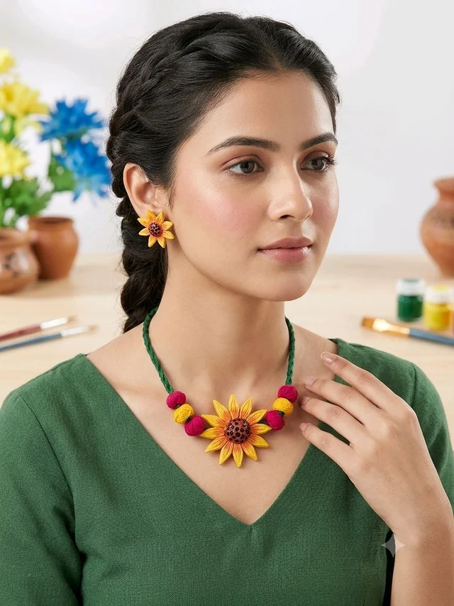 Handmade Sunflower Necklace And Earrings Set