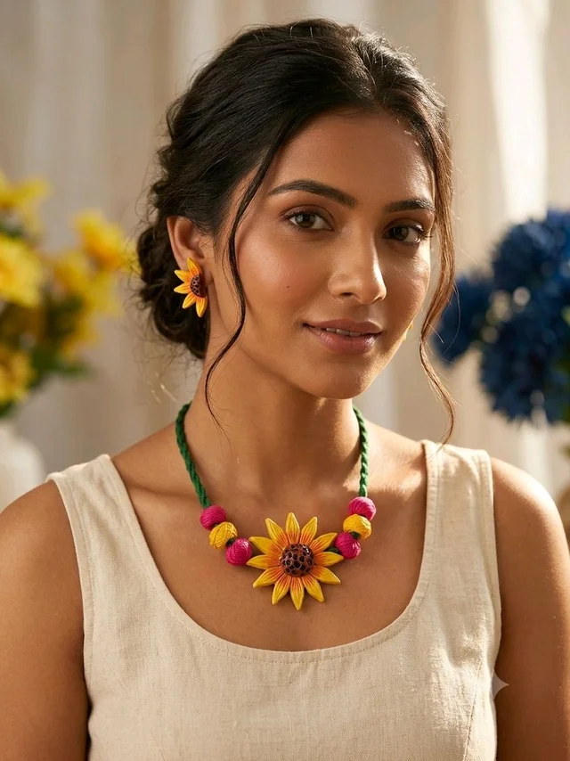 Handmade Sunflower Necklace And Earrings Set