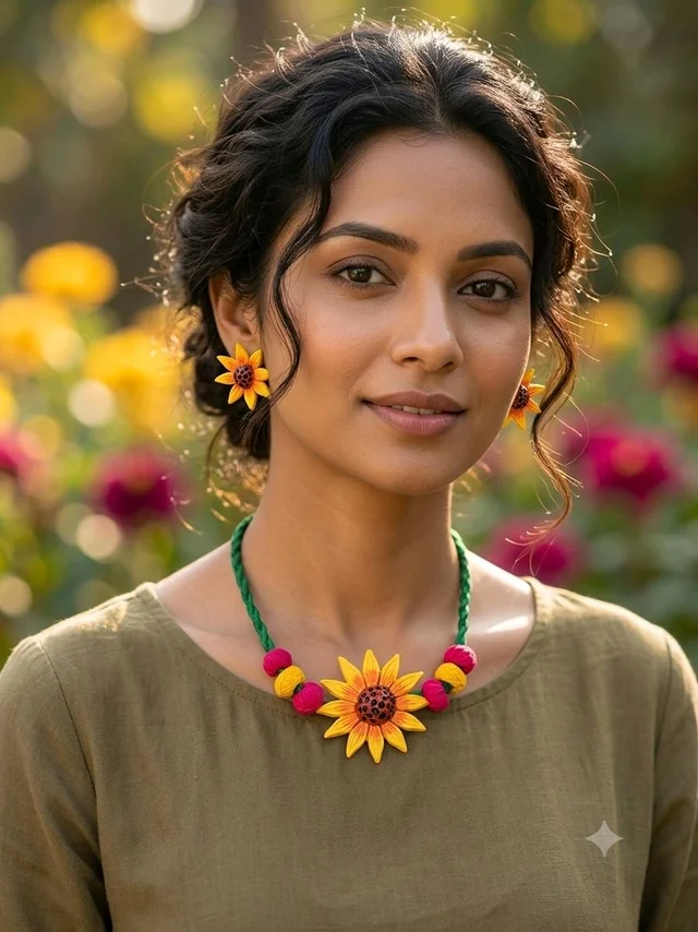 Handmade Sunflower Necklace And Earrings Set