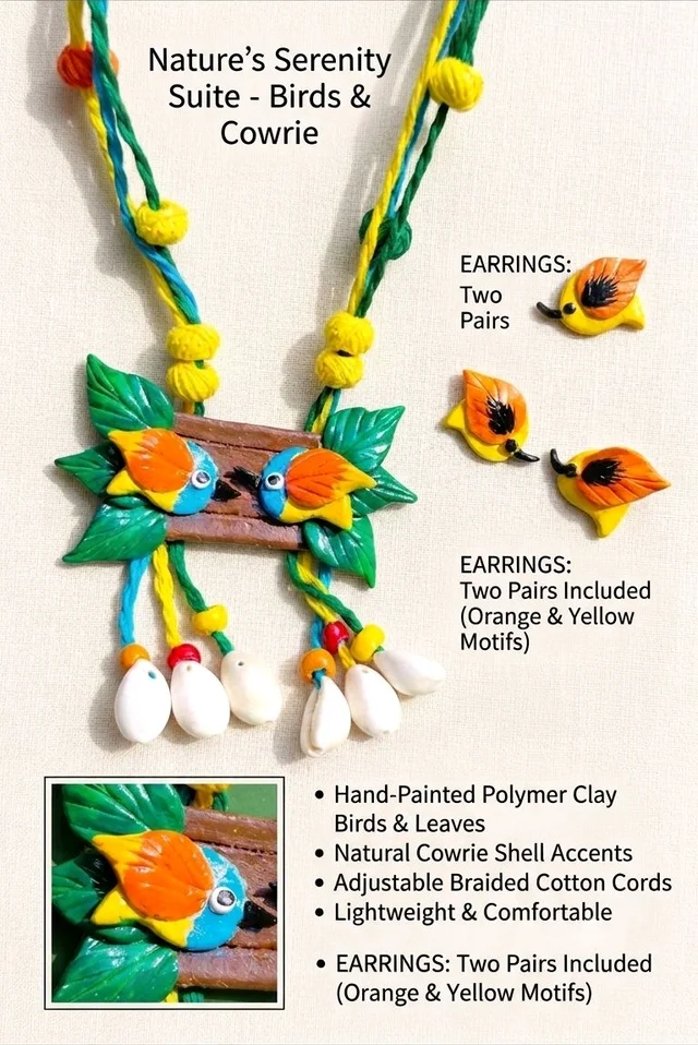 Handmade Polymer Clay Birds& Leaves Jewellery Set