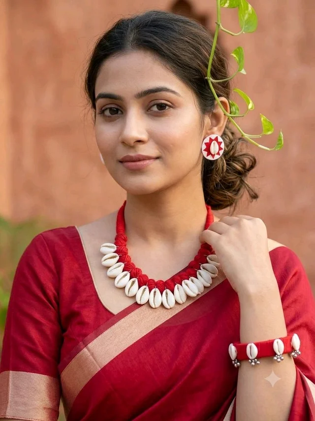Handmade Cowrie Shell Jewellery Set - Red