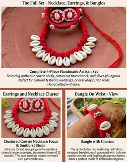 Handmade Cowrie Shell Jewellery Set - Red