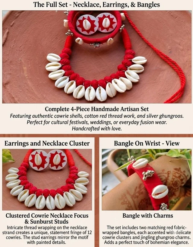 Handmade Cowrie Shell Jewellery Set - Red