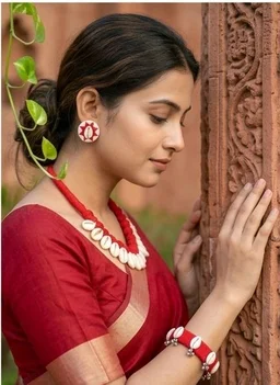 Handmade Cowrie Shell Jewellery Set - Red
