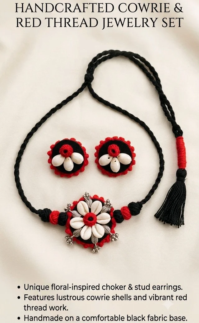 Handcrafted Red Thread Cowrie Shell Jewellery Set