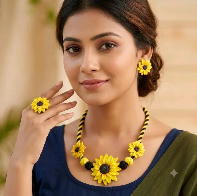 Handmade Sunflower Necklace Earrings And Ring Set