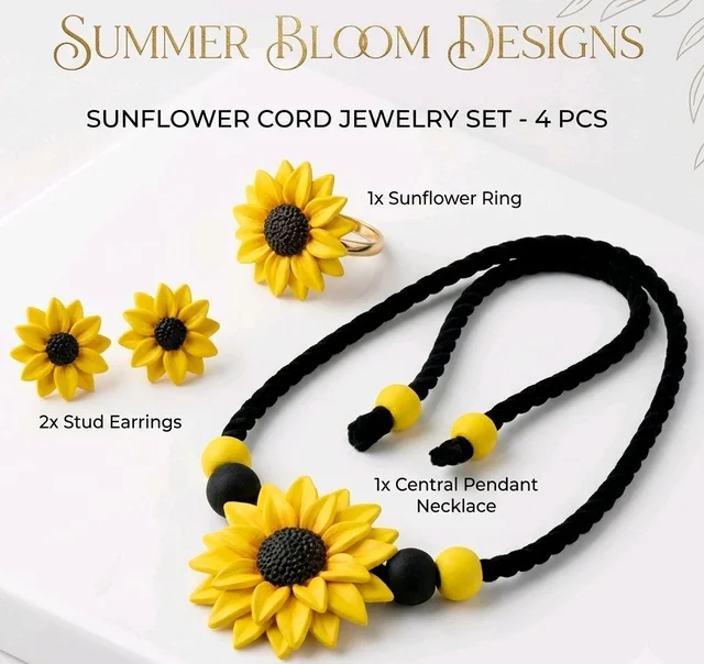 Handmade Sunflower Necklace Earrings And Ring Set
