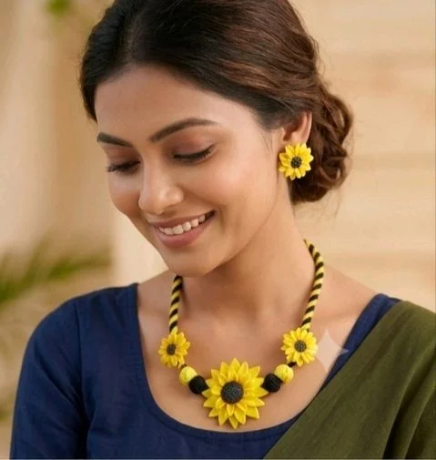 Handmade Sunflower Necklace Earrings And Ring Set
