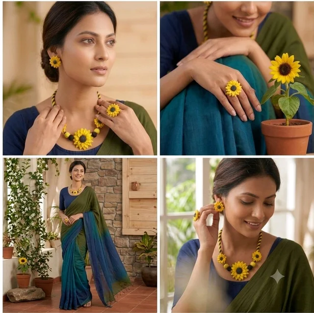 Handmade Sunflower Necklace Earrings And Ring Set