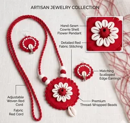Handmade Cowrie Shell Flower Pendant Earrings Set