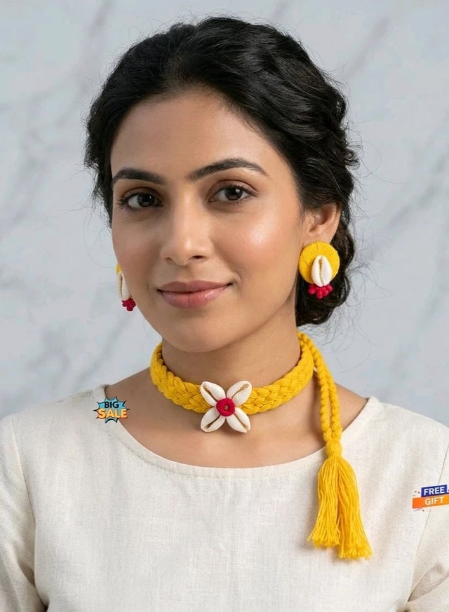Handmade Thread And Cowrie Shell Jewellery Set - Yellow