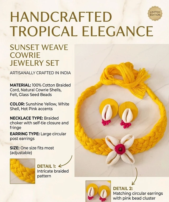 Handmade Thread And Cowrie Shell Jewellery Set - Yellow