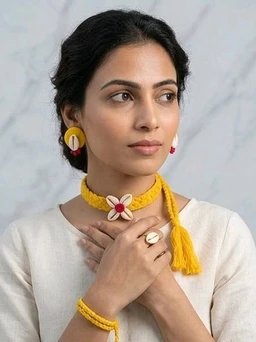 Handmade Thread And Cowrie Shell Jewellery Set - Yellow