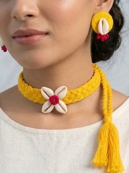 Handmade Thread And Cowrie Shell Jewellery Set - Yellow