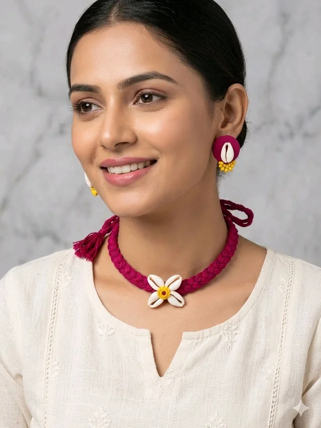 Handmade Thread And Cowrie Shell Jewellery Set - Red