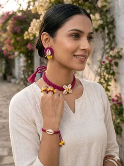 Handmade Thread And Cowrie Shell Jewellery Set - Red