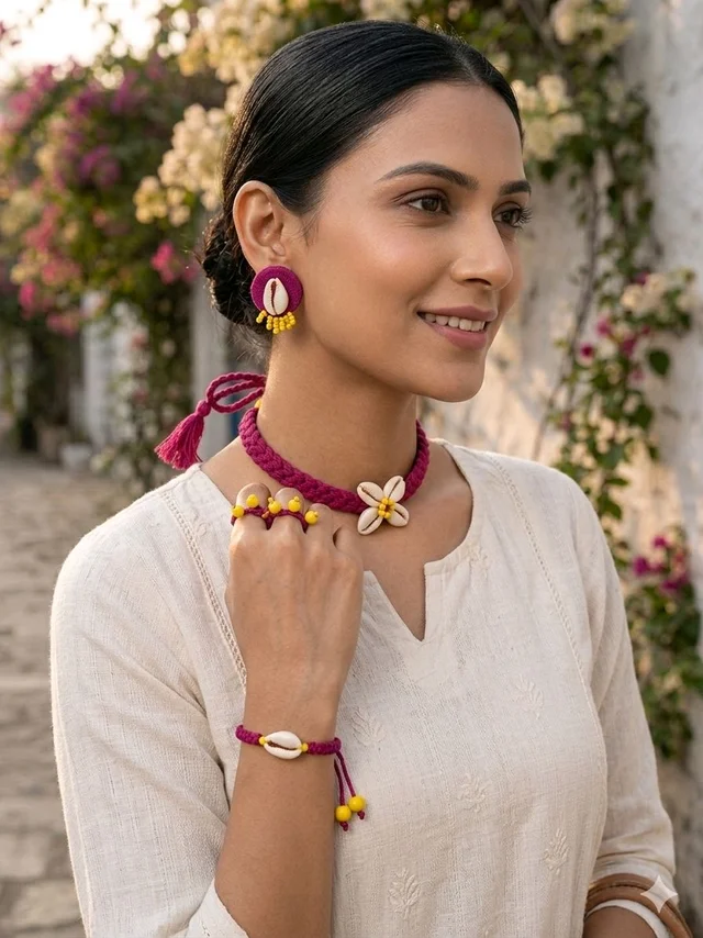 Handmade Thread And Cowrie Shell Jewellery Set - Red