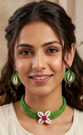 Handmade Thread And Cowrie Shell Jewellery Set - Green